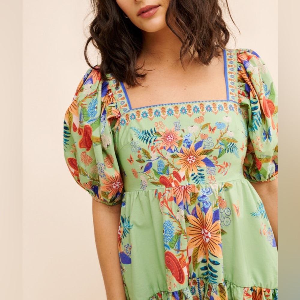 Farm Rio Bright Yard Floral Puff Sleeve Ruffled Tiered Mini Dress Size S - Picture 5 of 13
